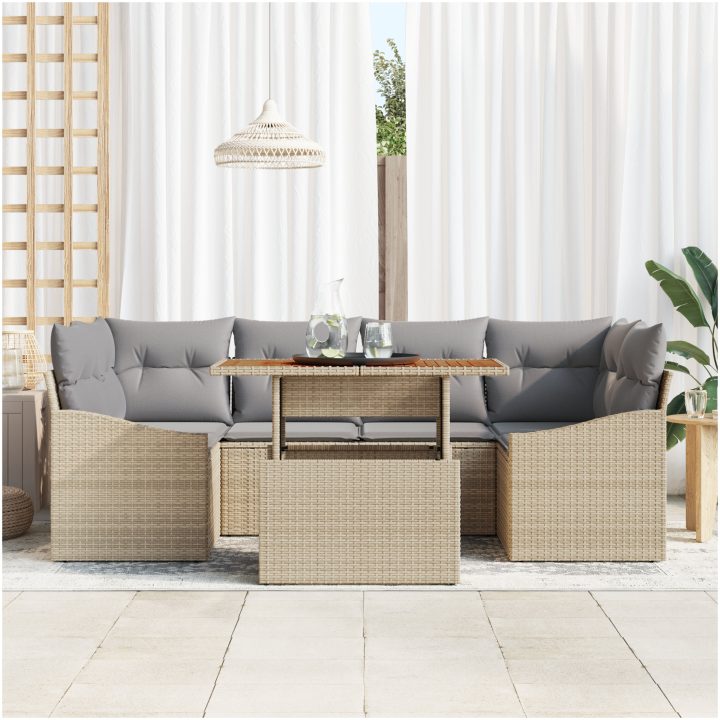 7-delars trädgårdsmöbelset med beige dynor i polyrotting och akacia vidaXL 100 x 55 x 73 cm – bild 3