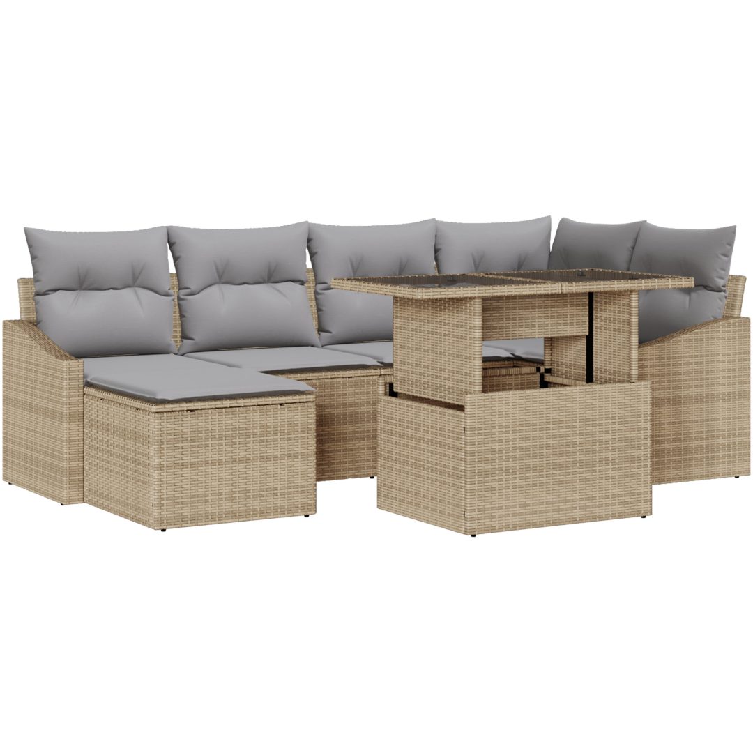 7-delars trädgårdsmöbelset med beige kuddar i poly rattan vidaXL 100 x 55 x 73 cm – bild 2