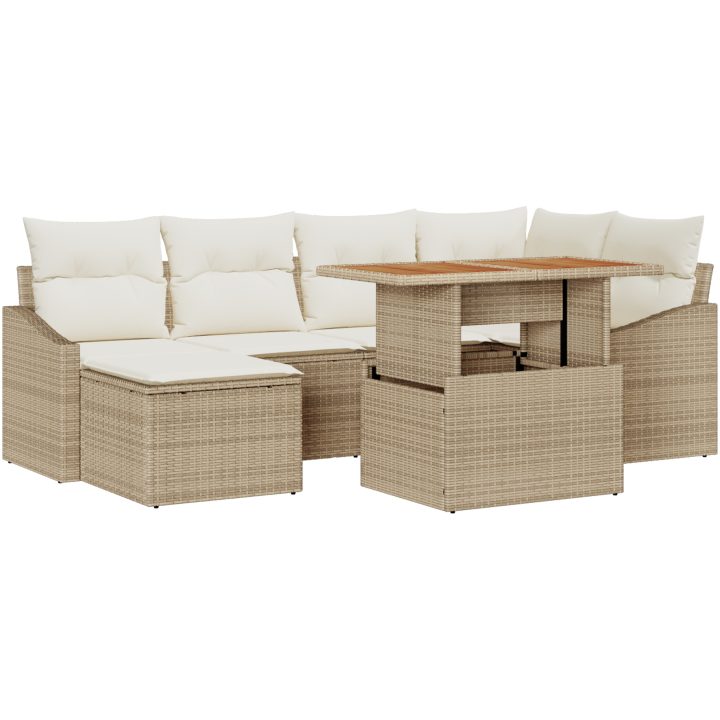 7-delars trädgårdsmöbelset med kuddar - Beige Poly Rattan Akaciaträ vidaXL 100 x 55 x 73 cm – bild 2