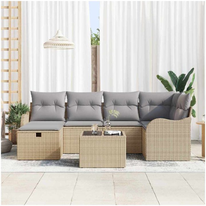 7-delars trädgårdsmöbelset med kuddar Beige Poly Rattan vidaXL Stor – bild 3