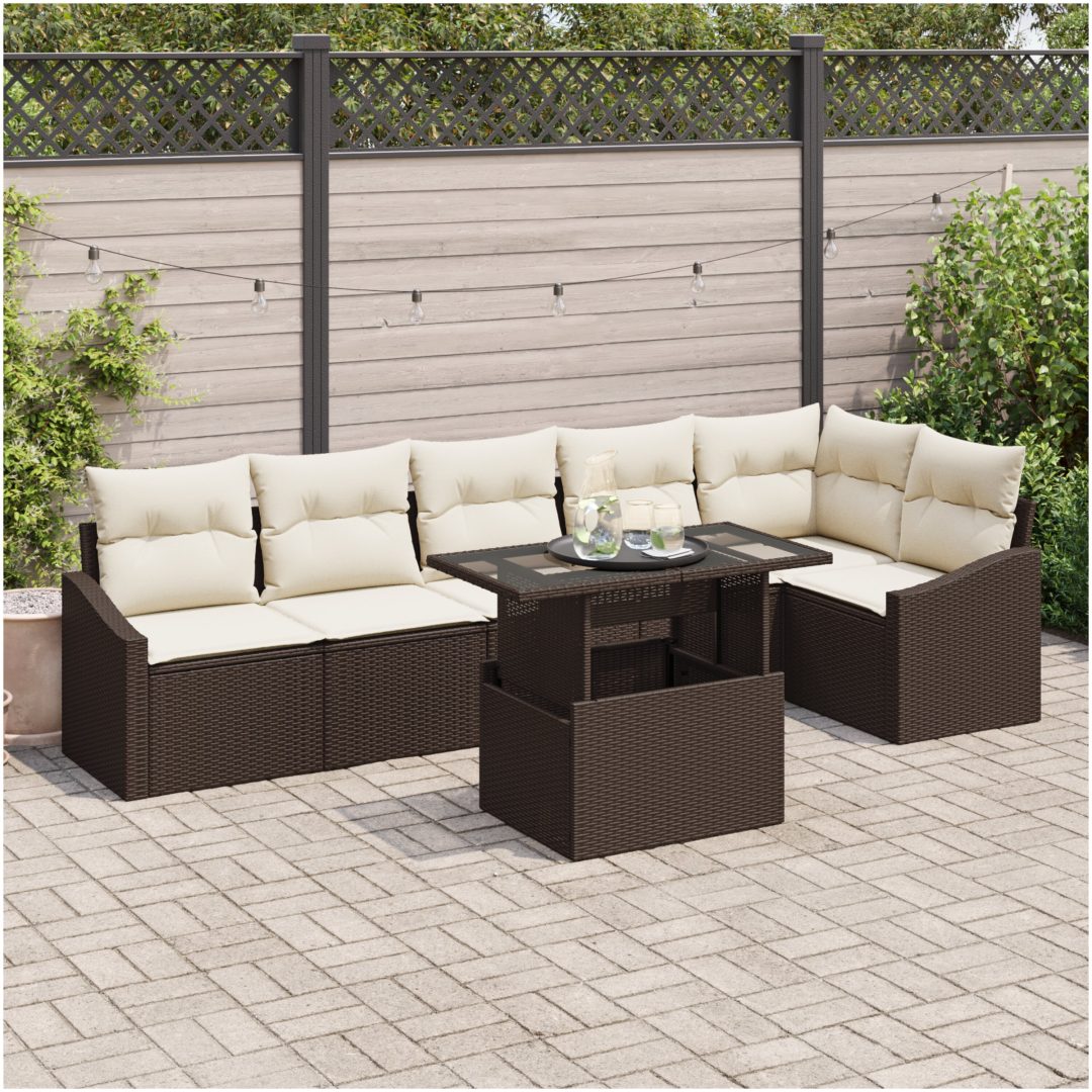 7-delars trädgårdsmöbelset med kuddar, brun poly-rattan vidaXL 100 x 55 x 73 cm