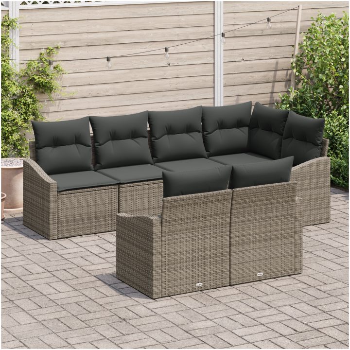 7-delars trädgårdsmöbelset med kuddar, grå poly-rattan vidaXL 233.5 x 123.5 x 85 cm – bild 3