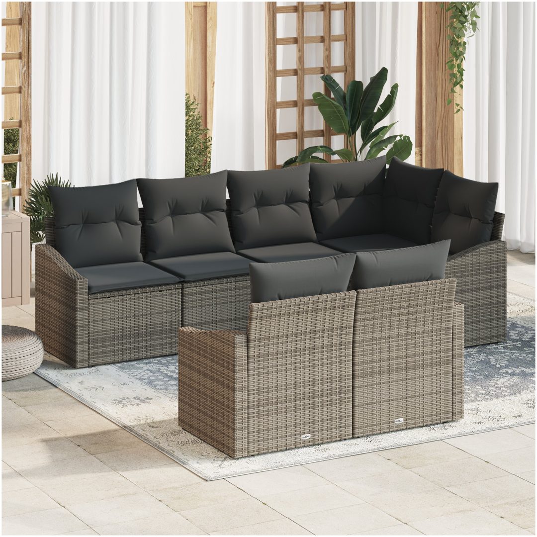 7-delars trädgårdsmöbelset med kuddar, grå poly-rattan vidaXL 233.5 x 123.5 x 85 cm