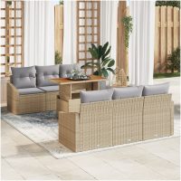 7-delars trädgårdsmöbelset med kuddar i beige poly rattan och akacia vidaXL