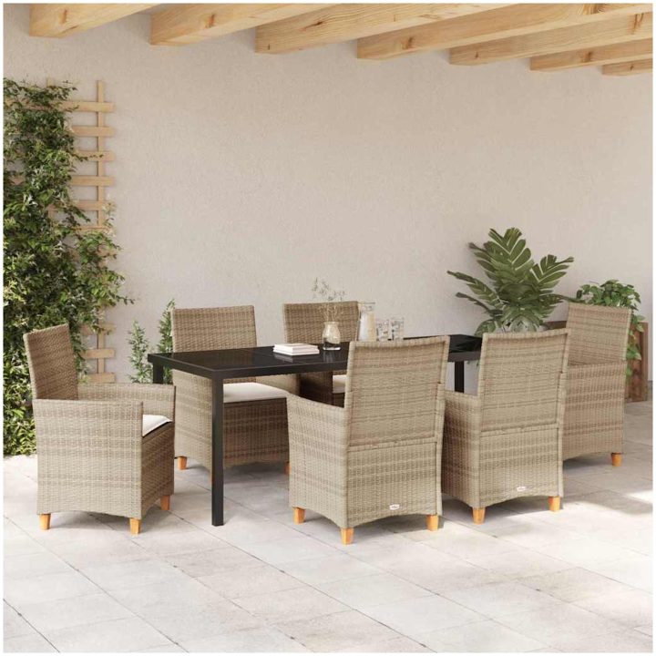 7-delars trädgårdsmöbelset med kuddar i beige poly rattan vidaXL 200 x 80 x 73 cm – bild 4