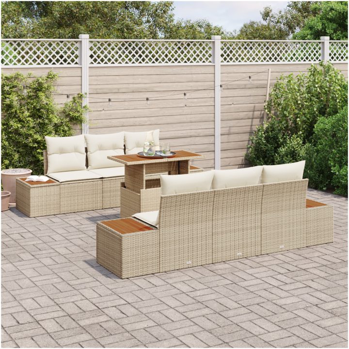 7-delars trädgårdsmöbelset med kuddar i beige, polyrotting och akacia. vidaXL 100 x 55 x 73 cm – bild 3
