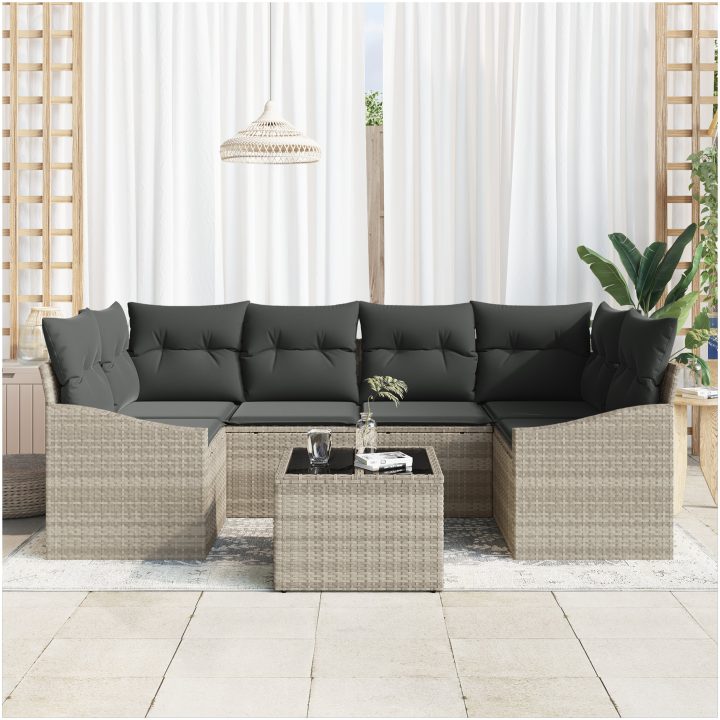 7-delars trädgårdsmöbelset med kuddar i ljusgrå poly-rattan vidaXL 55 x 55 x 37 cm – bild 3