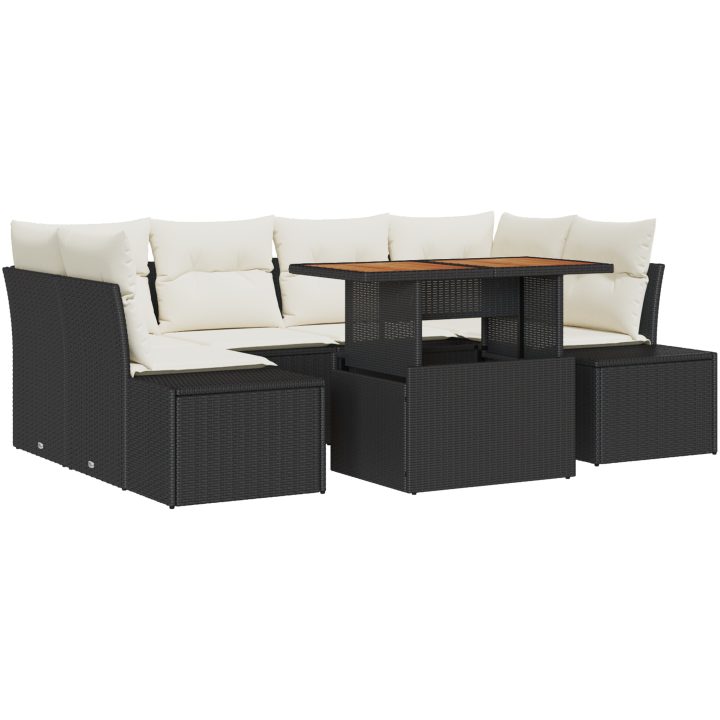 7-delars trädgårdsmöbelset med kuddar i svart poly-rattan och akacia vidaXL 100 x 55 x 73 cm – bild 2