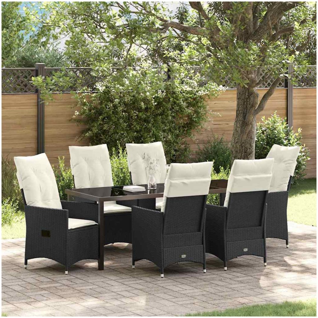 7-delars trädgårdsmöbelset med kuddar i svart poly-rattan vidaXL 200 x 80 x 73 cm