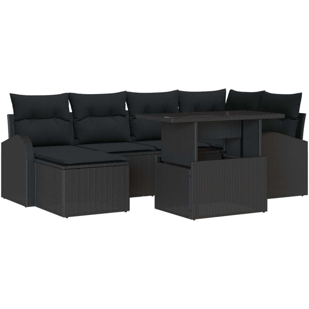 7-delars trädgårdsmöbelset med kuddar i svart poly-rotting vidaXL 100 x 55 x 73 cm – bild 2