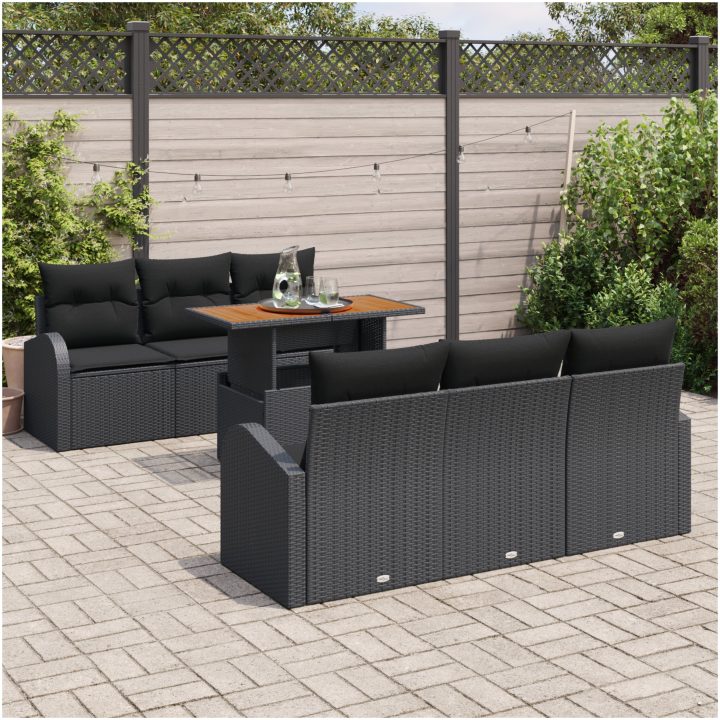 7 Delars Trädgårdsmöbelset med Kuddar Svart Poly Rattan Acacia vidaXL 100 x 55 x 73 cm – bild 3