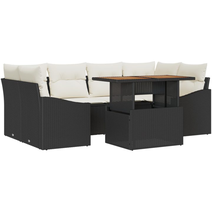 7-delars trädgårdsmöbelset med kuddar, svart poly rattan och akacia vidaXL 100 x 55 x 73 cm – bild 2