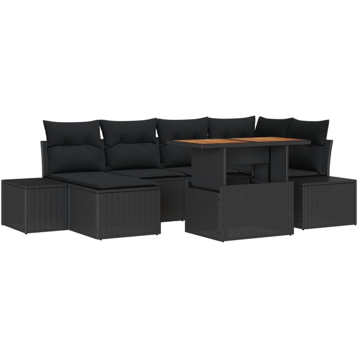 7-delars trädgårdsmöbelset med kuddar, svart polyrotting och akacia vidaXL 100 x 55 x 73 cm – bild 2