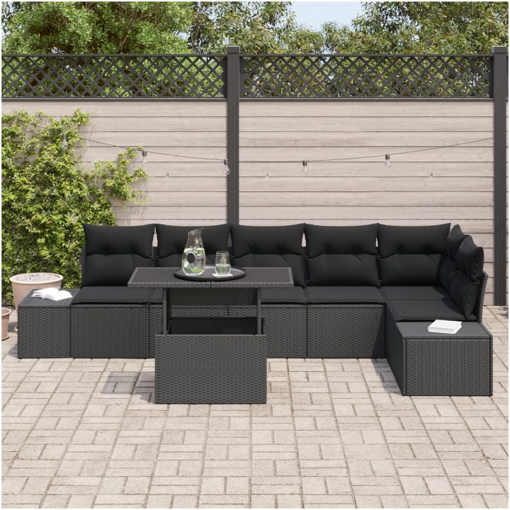 7-delars trädgårdsmöbelset med kuddar, svart polyrotting vidaXL 100 x 55 x 73 cm – bild 3