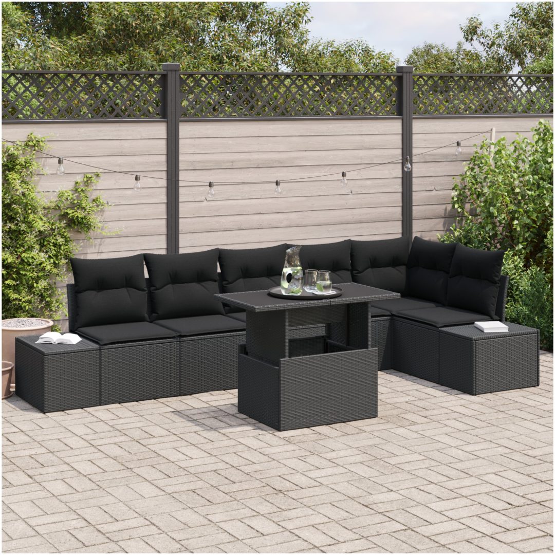 7-delars trädgårdsmöbelset med kuddar, svart polyrotting vidaXL 100 x 55 x 73 cm