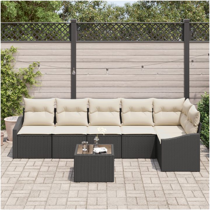 7-delars trädgårdsmöbelset med kuddar svart polyrotting vidaXL 55 x 55 x 37 cm – bild 3