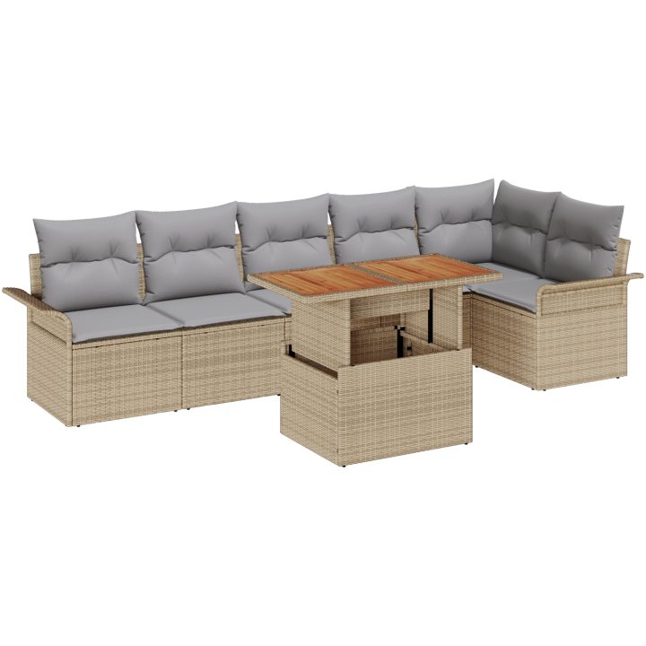 7-delars trädgårdsmöbler med beige kuddar i poly rattan och akacia vidaXL 100 x 55 x 73 cm – bild 2