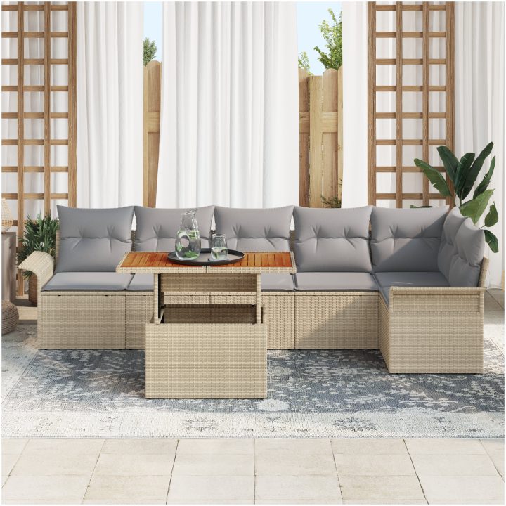 7-delars trädgårdsmöbler med beige kuddar i poly rattan och akacia vidaXL 100 x 55 x 73 cm – bild 3