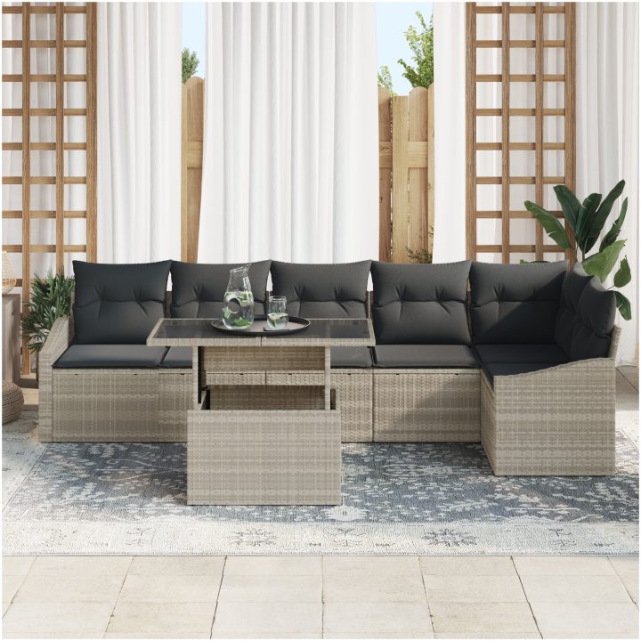 7-delars trädgårdsmöbler med kuddar i ljusgrå poly rattan vidaXL 100 x 55 x 73 cm – bild 3