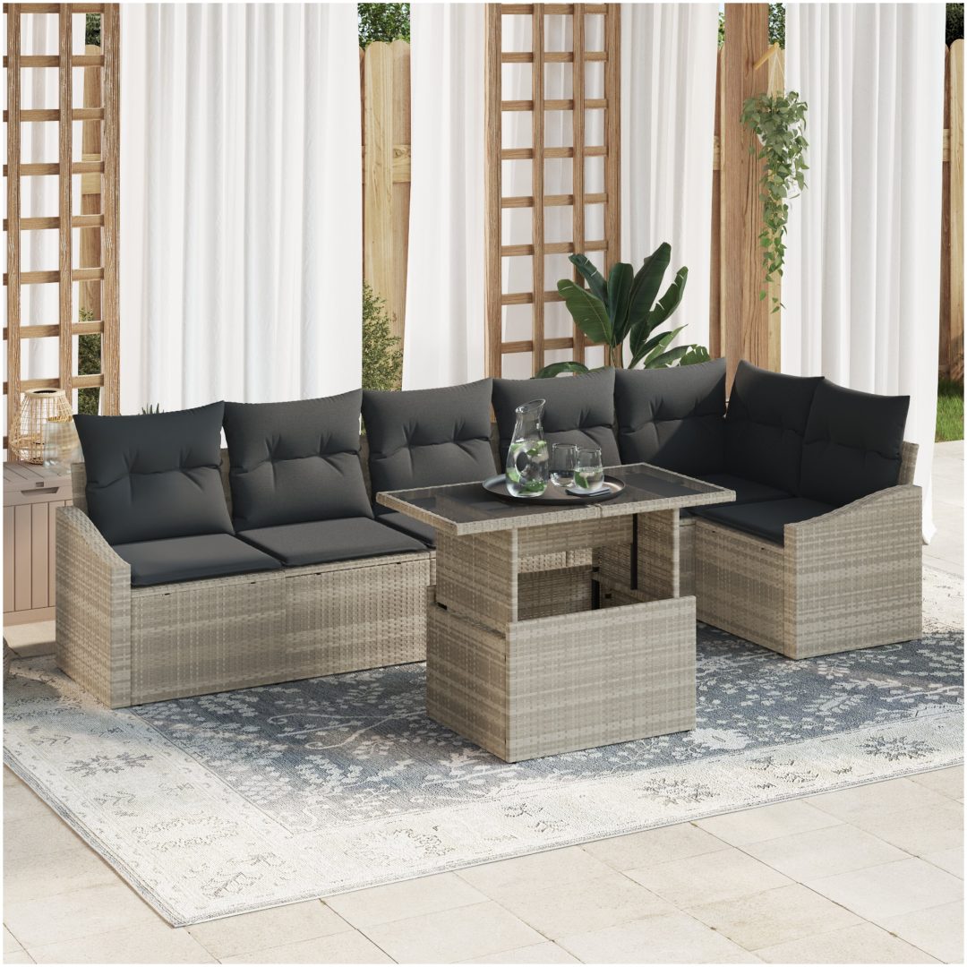 7-delars trädgårdsmöbler med kuddar i ljusgrå poly rattan vidaXL 100 x 55 x 73 cm
