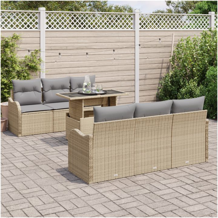 7-delars trädgårdsofa-set med kuddar beige poly rattan vidaXL Mellan – bild 3