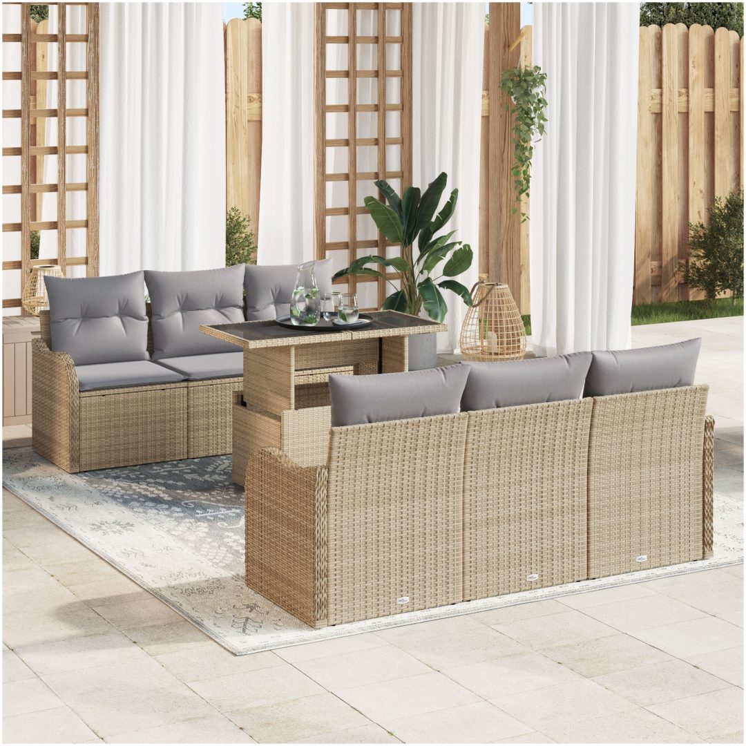 7-delars trädgårdsofa-set med kuddar beige poly rattan vidaXL Mellan