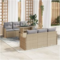 7-delars trädgårdsofa-set med kuddar beige poly rattan vidaXL