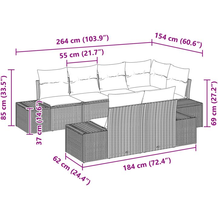 7-delars Trädgårdsofas med kuddar Ljusgrå Poly Rattan vidaXL 184 x 62 x 85 cm – bild 8