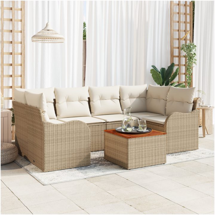 7-delars trädgårdsofaset med kuddar beige polyrotting akacia vidaXL Stor – bild 3