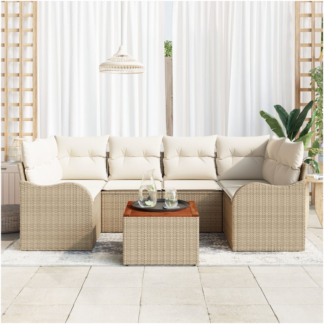 7-delars trädgårdsofaset med kuddar beige polyrotting akacia vidaXL Stor