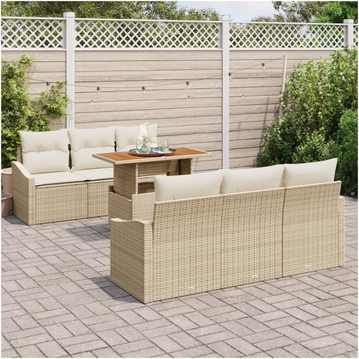 7-delars trädgårdsoffセット med kuddar Beige Poly Rattan vidaXL 100 x 55 x 73 cm – bild 3