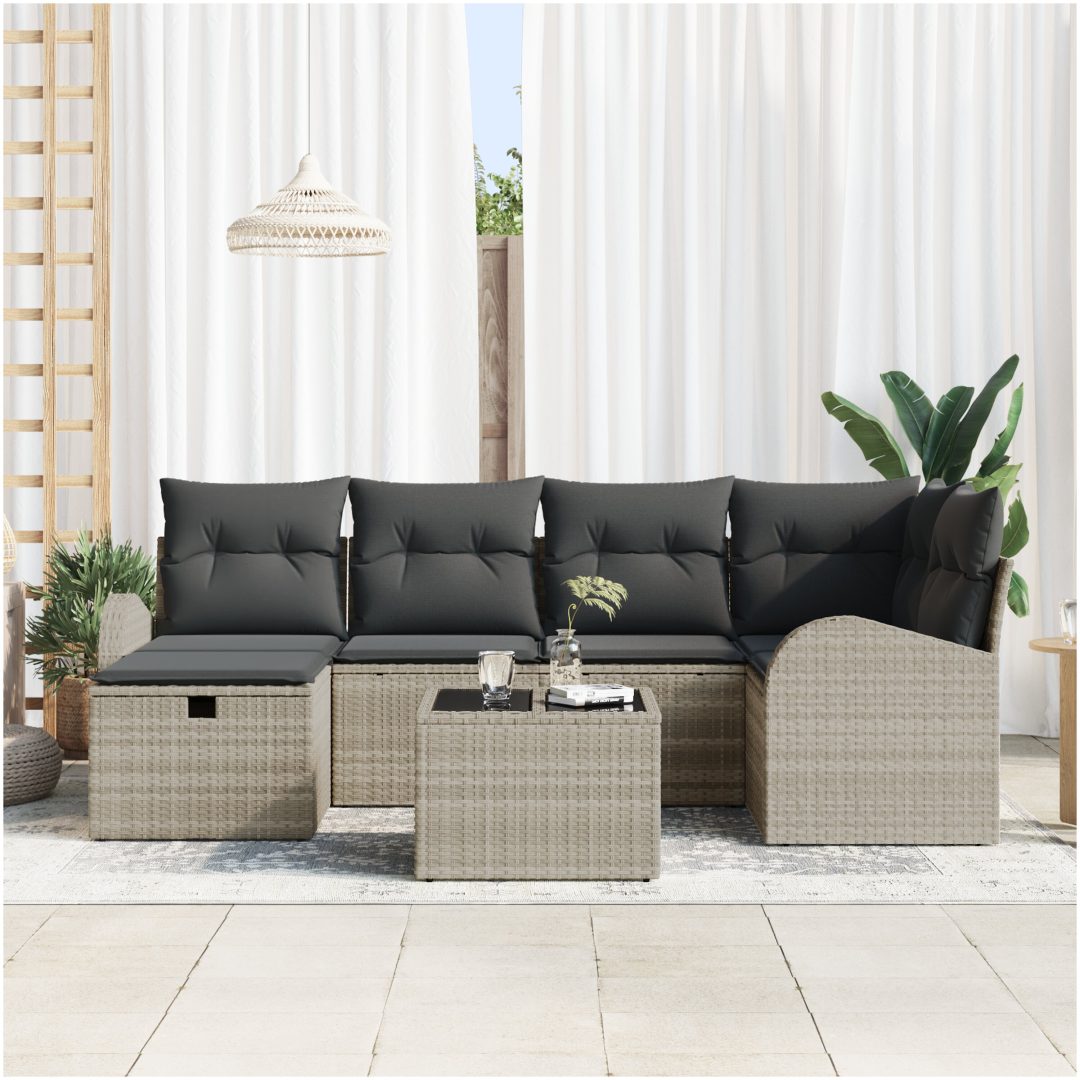 7-delars trädgårdsoffセット med kuddar Ljusgrå Poly Rattan vidaXL Stor – bild 3