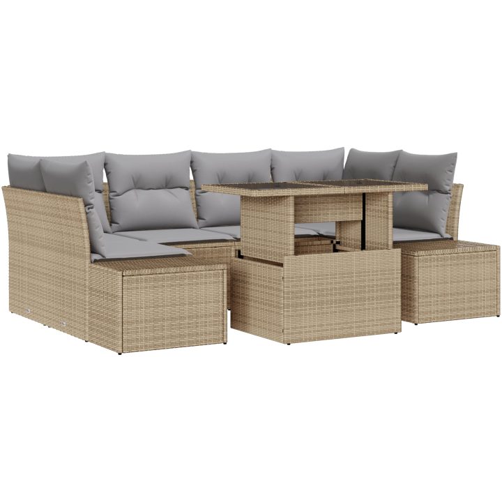 7-delars trädgårdsoff set med beige kuddar i polyrotting vidaXL 100 x 55 x 73 cm – bild 2