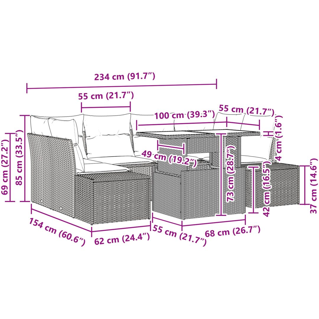 7-delars trädgårdsoff set med beige kuddar i polyrotting vidaXL 100 x 55 x 73 cm – bild 11