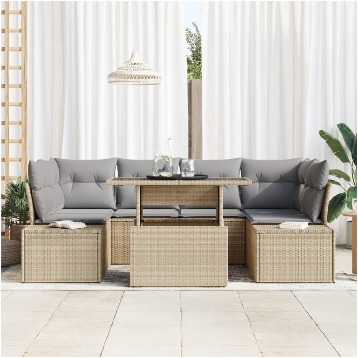 7-delars trädgårdsoff set med beige kuddar i polyrotting vidaXL 100 x 55 x 73 cm – bild 3