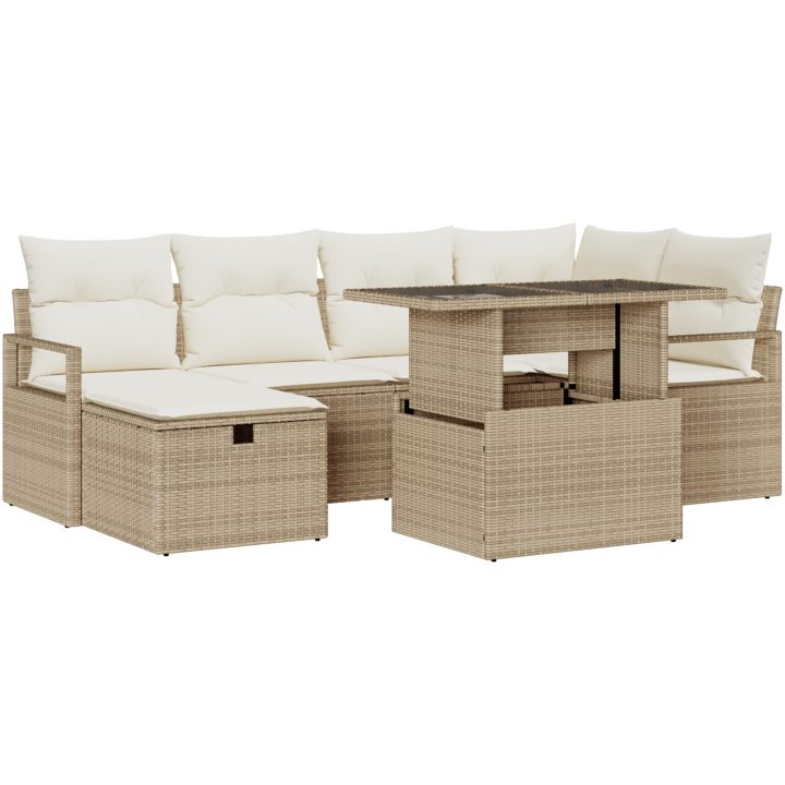7-delars trädgårdsoff-set med dynor beige poly rotting vidaXL Stor – bild 2