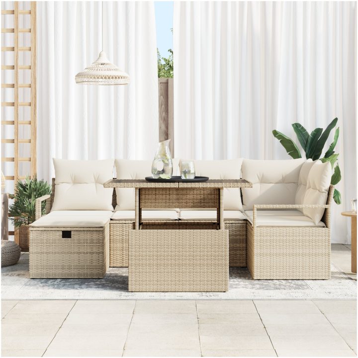 7-delars trädgårdsoff-set med dynor beige poly rotting vidaXL Stor – bild 3