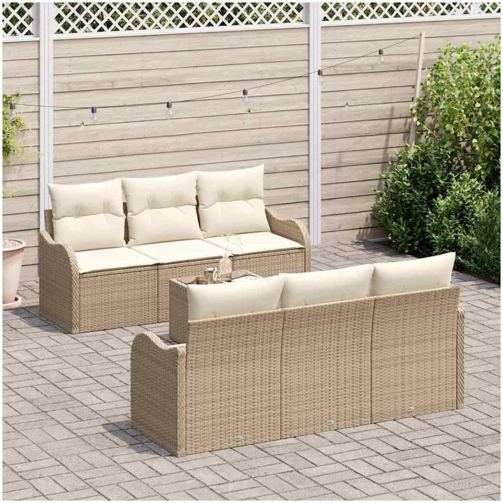 7 Delars Trädgårdsoff Set med Kuddar Beige Poly Rättan vidaXL 55 x 55 x 37 cm – bild 3