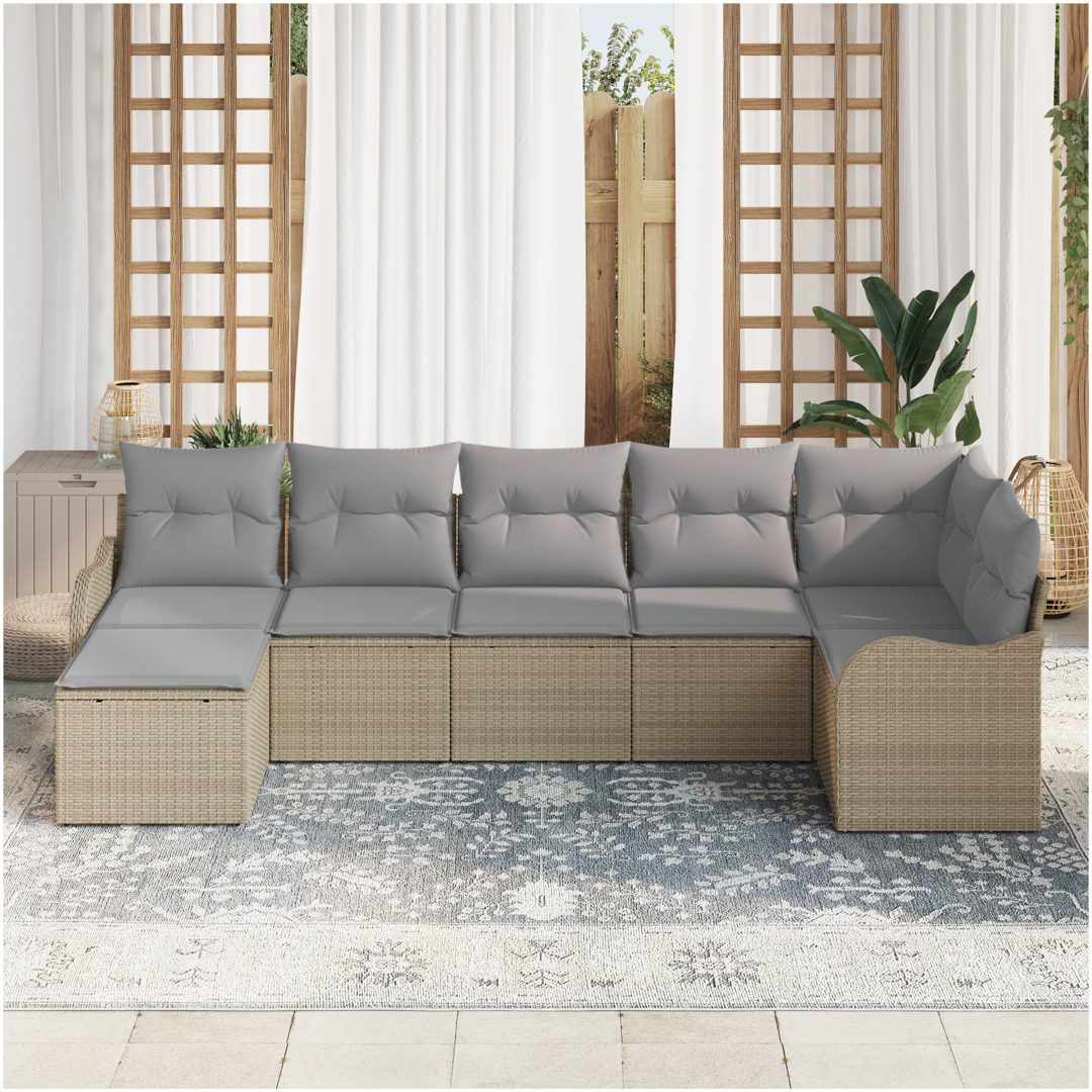 7-delars Trädgårdsoff Set med Kuddar Beige Poly Rattan vidaXL Stor – bild 3