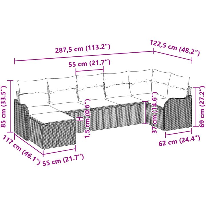 7-delars Trädgårdsoff Set med Kuddar Beige Poly Rattan vidaXL Stor – bild 9