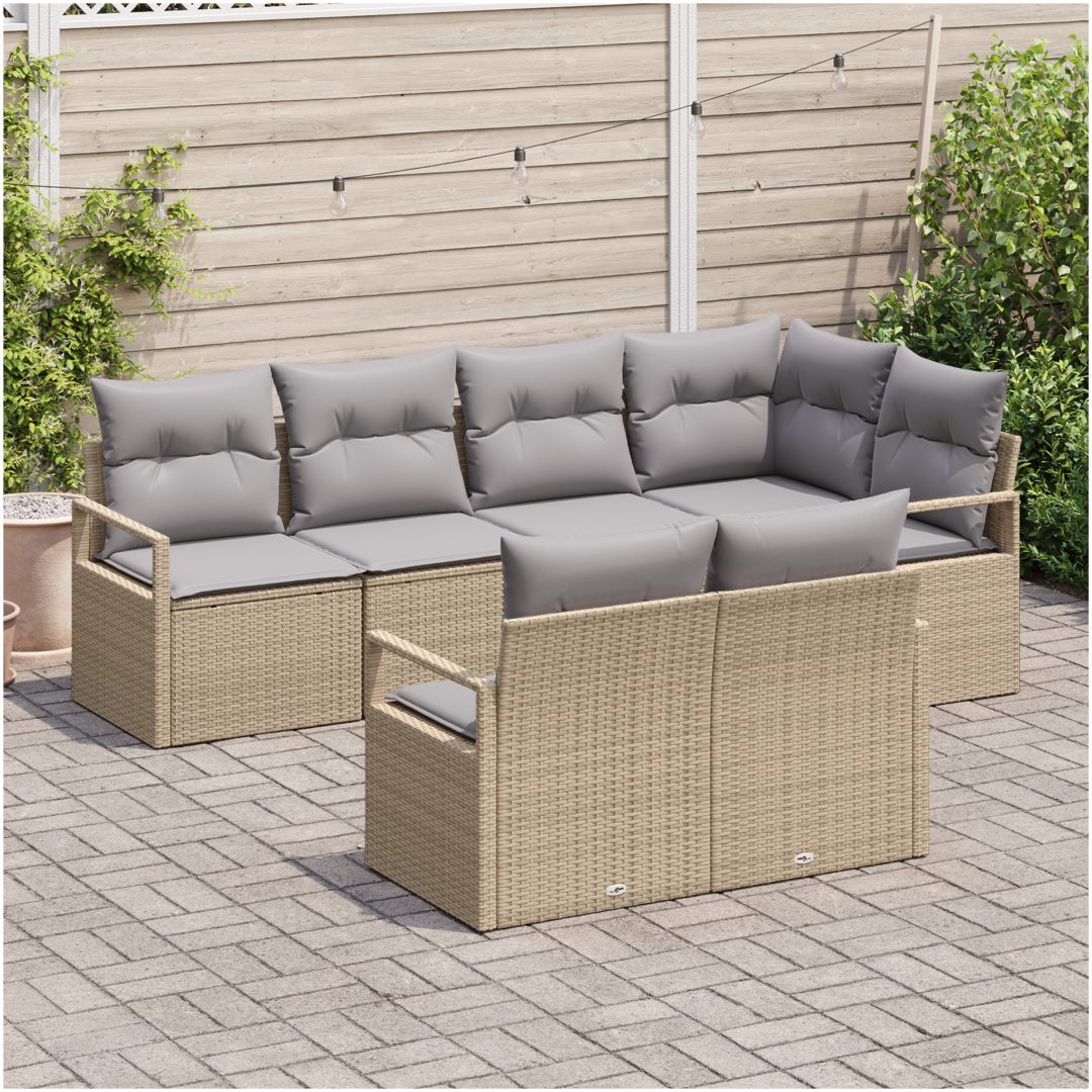 7-delars trädgårdsoff set med kuddar beige poly rotting vidaXL Medium – bild 3
