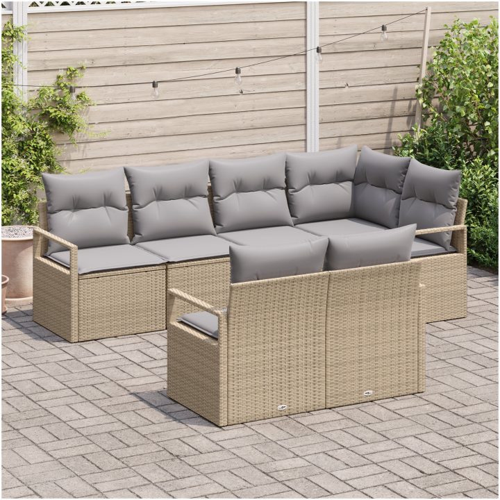 7-delars trädgårdsoff set med kuddar beige poly rotting vidaXL Medium – bild 3