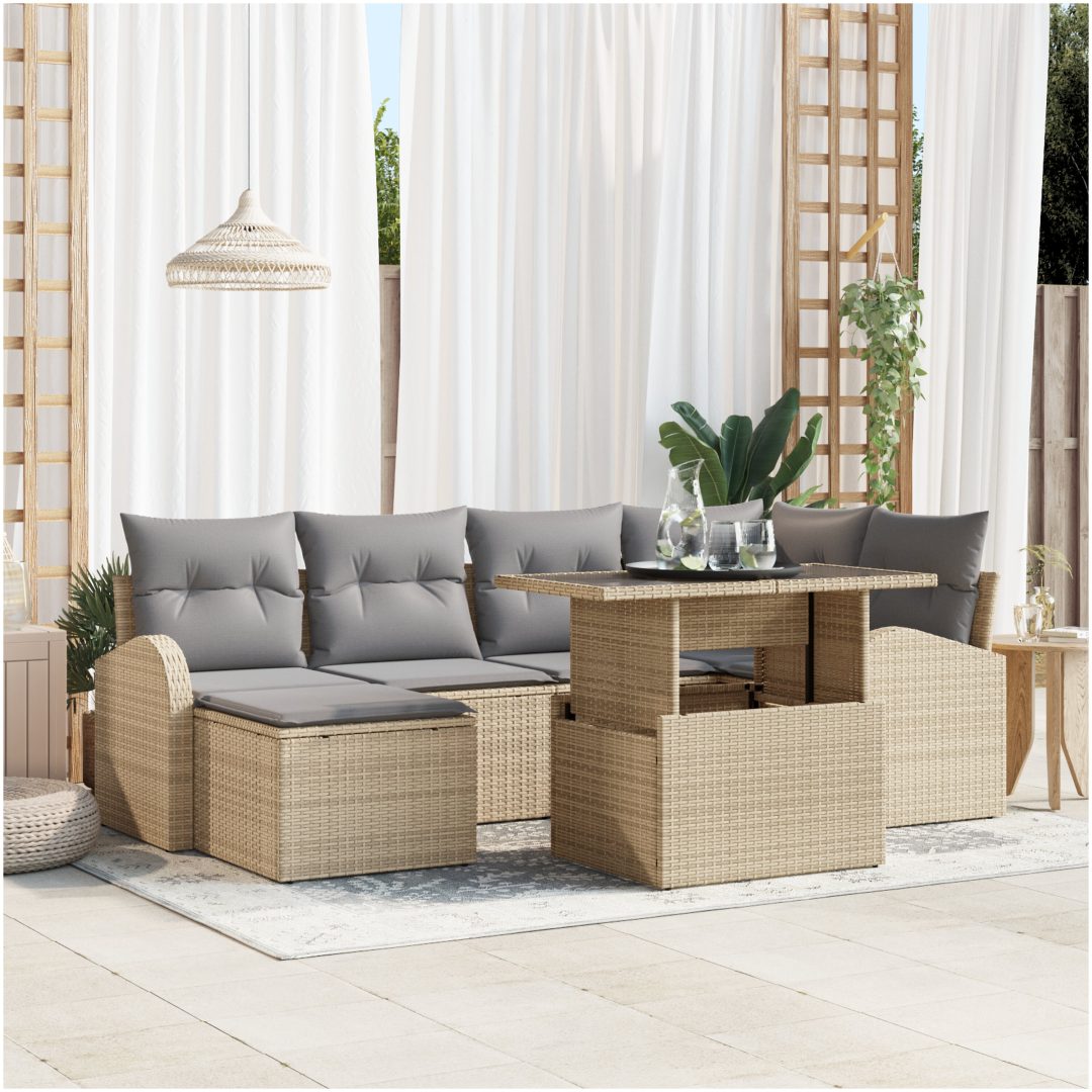 7-delars Trädgårdsoff-set med kuddar Beige Poly-Rotting vidaXL Medium
