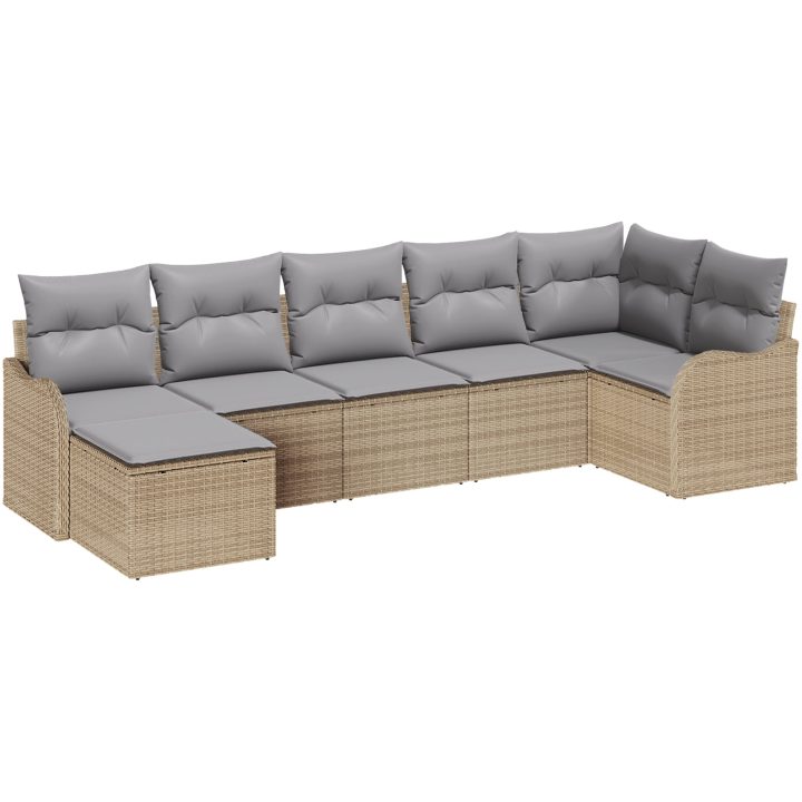 7-delars trädgårdsoff-set med kuddar beige poly rotting vidaXL Stor – bild 2