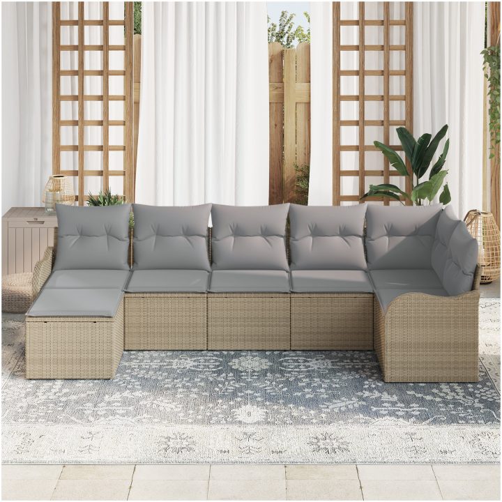 7-delars trädgårdsoff-set med kuddar beige poly rotting vidaXL Stor – bild 3