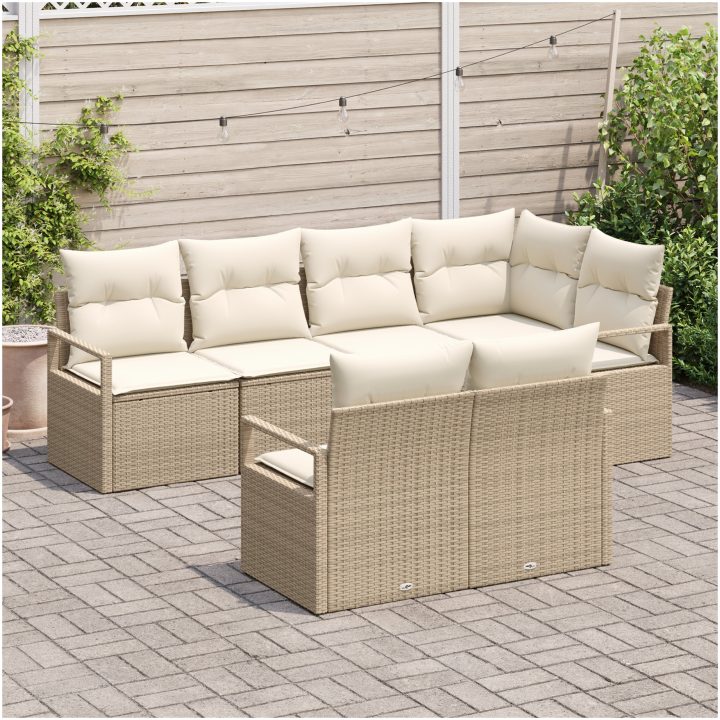 7 Delars Trädgårdsoff Set Med Kuddar Beige Poly Rottning vidaXL Medium – bild 3