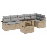 7-delars trädgårdsoff set med kuddar Beige Poly Rottning vidaXL
