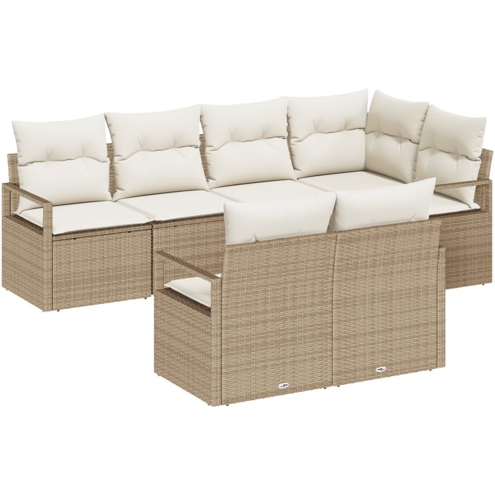 7-delars trädgårdsoff-set med kuddar beige polyrotting vidaXL Stor – bild 2