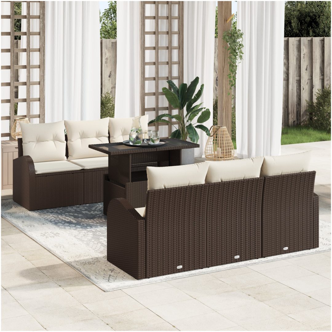 7-delars trädgårdsoff set med kuddar - brun poly rattan vidaXL 100 x 55 x 73 cm