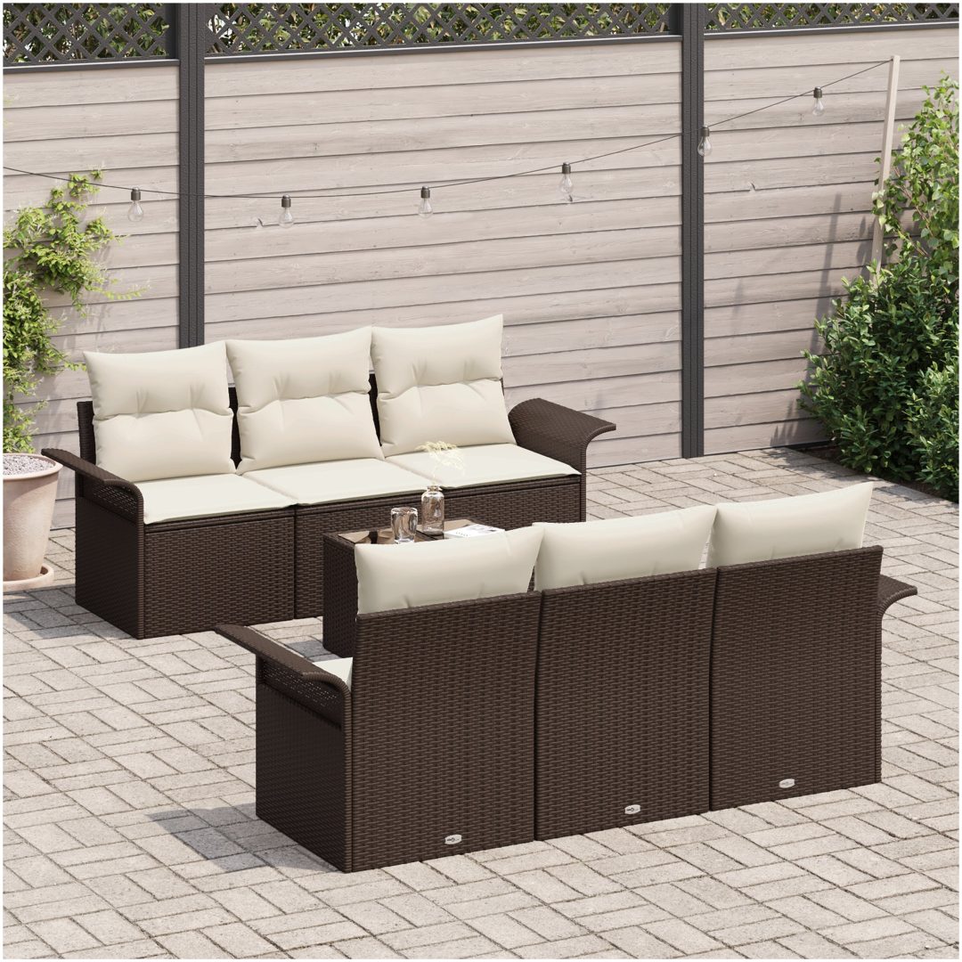 7-delars Trädgårdsoff Set med Kuddar Brun Poly Rattan vidaXL 55 x 55 x 37 cm – bild 3